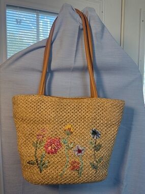 Embroidered Straw Tote Bag in Tan with Multicolor Floral Detail